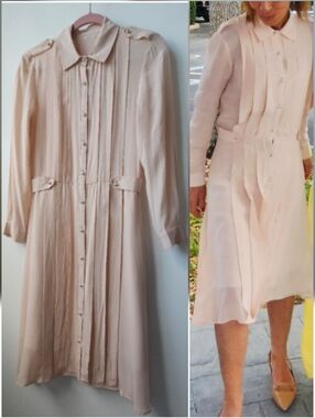 Vintage Chanel Silk Oyster Deep Pleated Pearl Logo Button Down Shirtdress